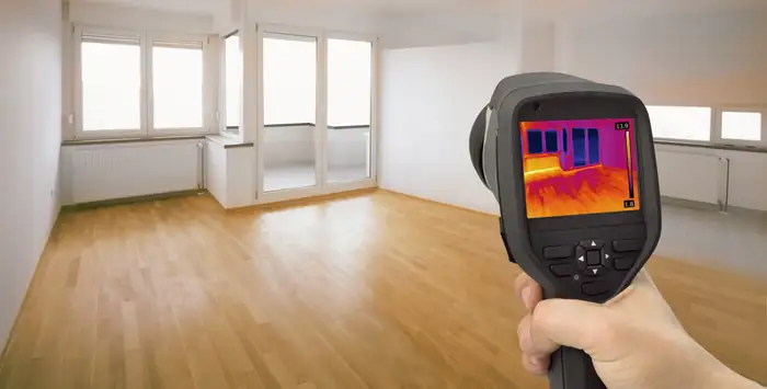 Thermal imaging camera showing temperature differences across a room's windows and floor